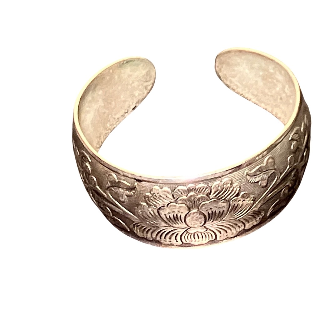 Floral Embossed Cuff Bracelet Women's Silver  Boho Adjustable Lotus Design